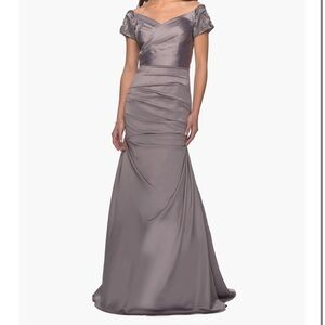 La Femme Satin Off the Shoulder Dress with Beaded Sleeves size 6 NWT